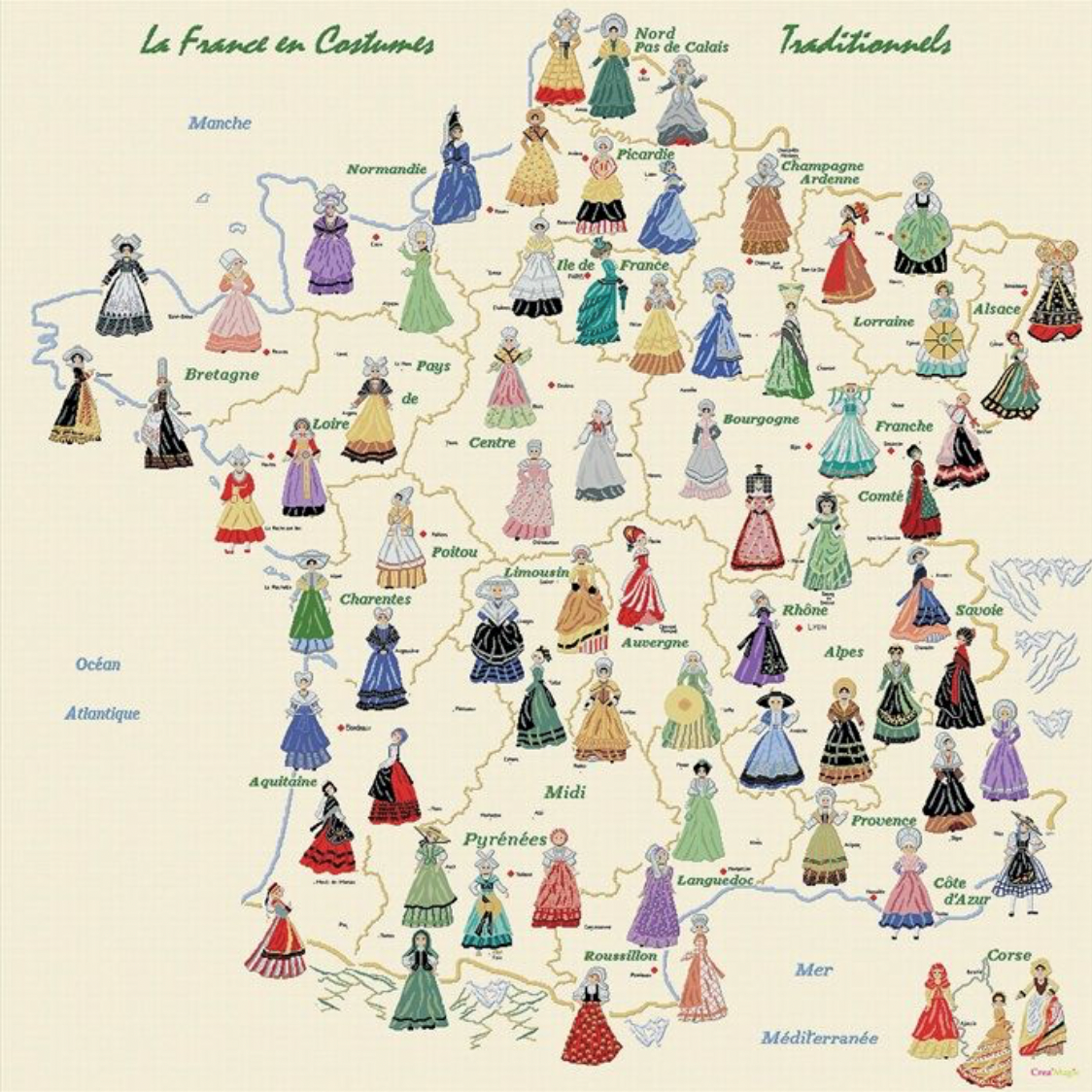 Carte des différents costumes en France